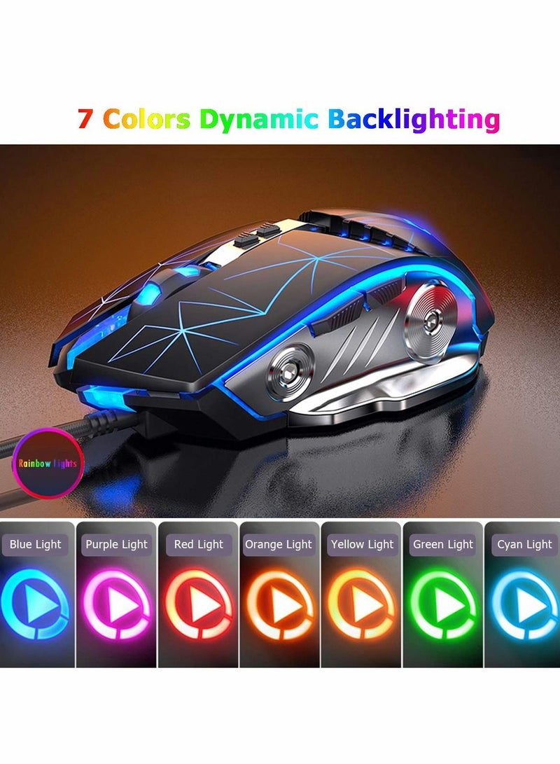 Gaming Mouse USB Wired RGB Backlit Silent Click Gamer with 4 Adjustable DPI Up to 3200, Comfortable Grip Ergonomic Optical Mice for Laptop PC Computer