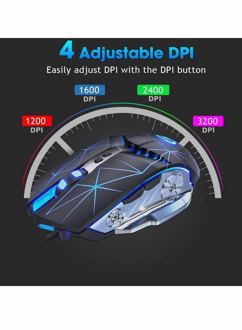 Gaming Mouse USB Wired RGB Backlit Silent Click Gamer with 4 Adjustable DPI Up to 3200, Comfortable Grip Ergonomic Optical Mice for Laptop PC Computer