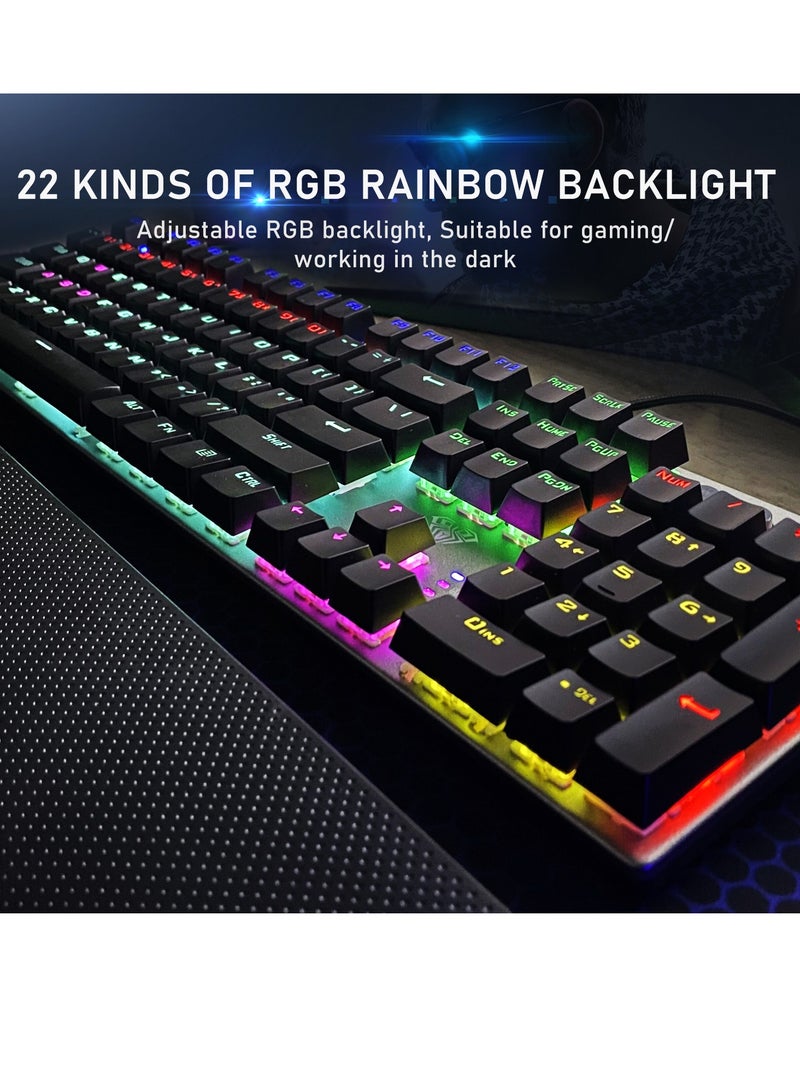 Mechanical Gaming Keyboard NKRO with Wrist Rest RGB Backlit Volume/Lighting Control Knob Fully Programmable 108-Keys Anti-Ghosting Wired Computer Keyboards for Office/Games, Brown Switch