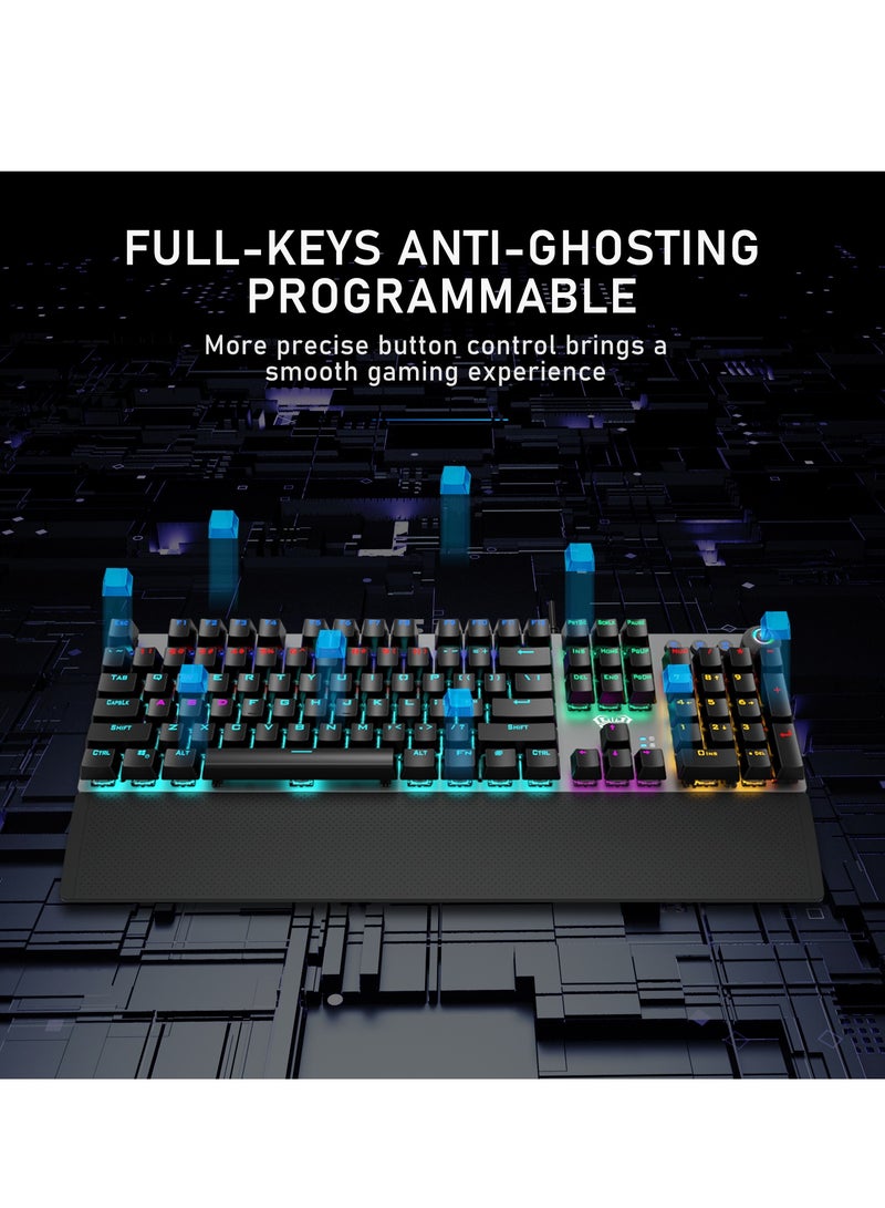 Mechanical Gaming Keyboard NKRO with Wrist Rest RGB Backlit Volume/Lighting Control Knob Fully Programmable 108-Keys Anti-Ghosting Wired Computer Keyboards for Office/Games, Brown Switch