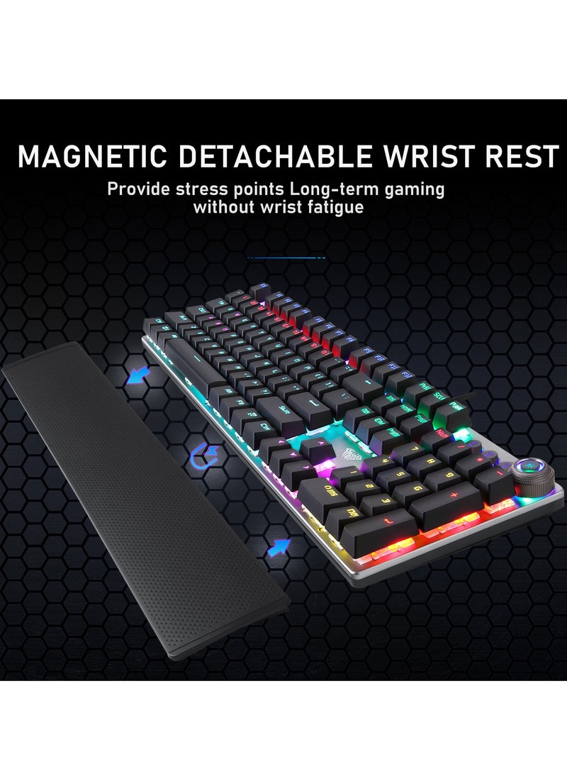 Mechanical Gaming Keyboard NKRO with Wrist Rest RGB Backlit Volume/Lighting Control Knob Fully Programmable 108-Keys Anti-Ghosting Wired Computer Keyboards for Office/Games, Brown Switch