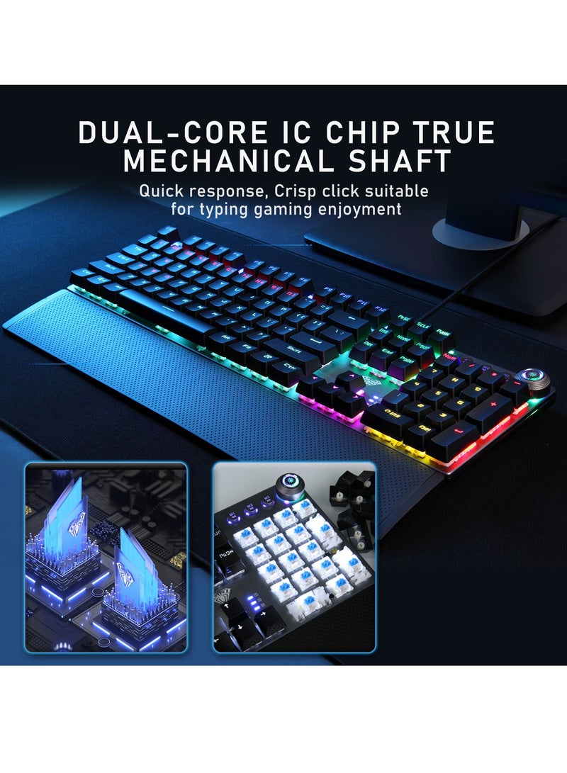 Mechanical Gaming Keyboard NKRO with Wrist Rest RGB Backlit Volume/Lighting Control Knob Fully Programmable 108-Keys Anti-Ghosting Wired Computer Keyboards for Office/Games, Brown Switch