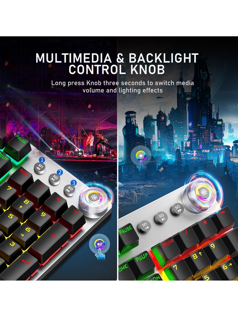 Mechanical Gaming Keyboard NKRO with Wrist Rest RGB Backlit Volume/Lighting Control Knob Fully Programmable 108-Keys Anti-Ghosting Wired Computer Keyboards for Office/Games, Brown Switch