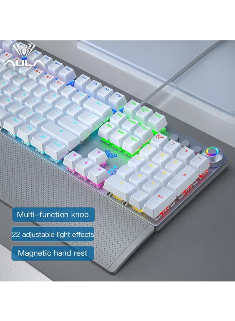 Mechanical Gaming Keyboard NKRO with Wrist Rest RGB Backlit Volume/Lighting Control Knob Fully Programmable 108-Keys Anti-Ghosting Wired Computer Keyboards for Office/Games, Brown Switch