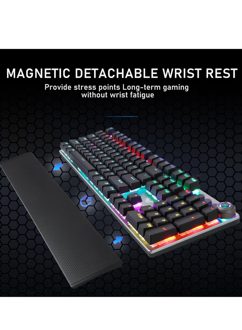 Mechanical Gaming Keyboard NKRO with Wrist Rest RGB Backlit Volume/Lighting Control Knob Fully Programmable 108-Keys Anti-Ghosting Wired Computer Keyboards for Office/Games, Blue Switch