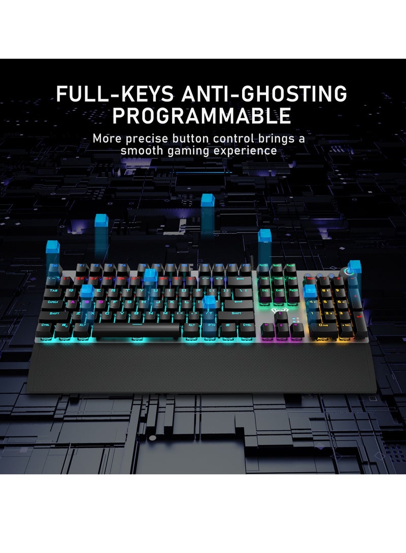 Mechanical Gaming Keyboard NKRO with Wrist Rest RGB Backlit Volume/Lighting Control Knob Fully Programmable 108-Keys Anti-Ghosting Wired Computer Keyboards for Office/Games, Blue Switch