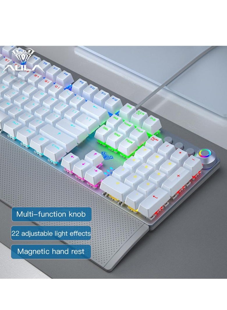 Mechanical Gaming Keyboard NKRO with Wrist Rest RGB Backlit Volume/Lighting Control Knob Fully Programmable 108-Keys Anti-Ghosting Wired Computer Keyboards for Office/Games, Blue Switch