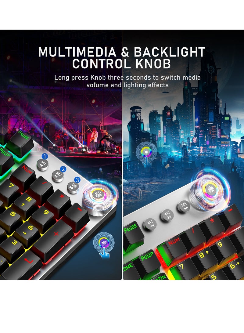 Mechanical Gaming Keyboard NKRO with Wrist Rest RGB Backlit Volume/Lighting Control Knob Fully Programmable 108-Keys Anti-Ghosting Wired Computer Keyboards for Office/Games, Blue Switch