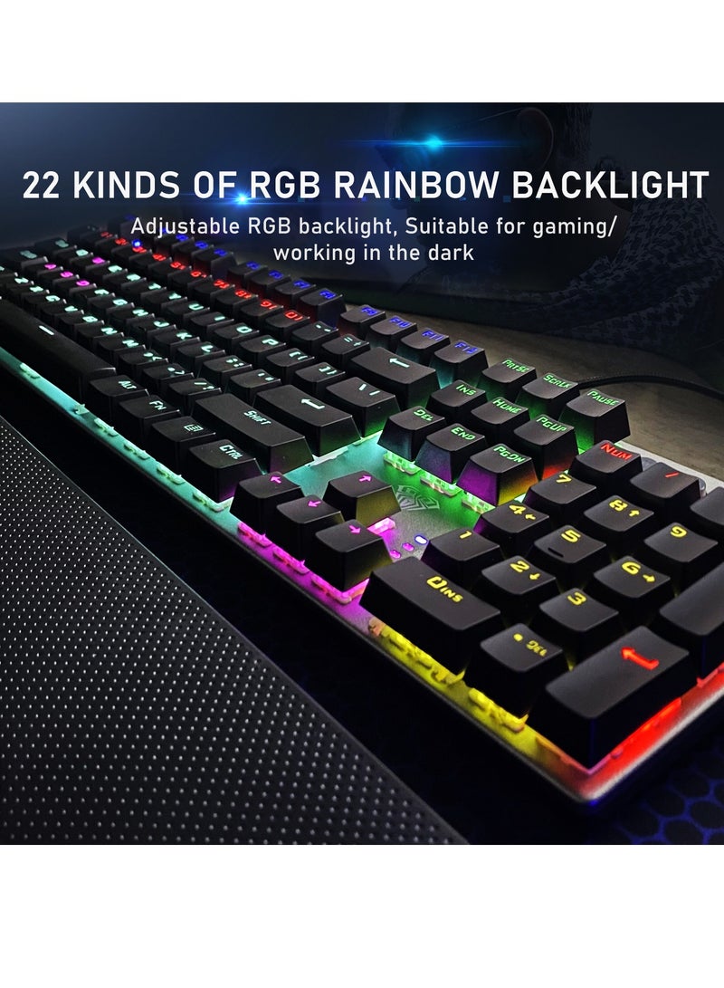 Mechanical Gaming Keyboard NKRO with Wrist Rest RGB Backlit Volume/Lighting Control Knob Fully Programmable 108-Keys Anti-Ghosting Wired Computer Keyboards for Office/Games, Blue Switch