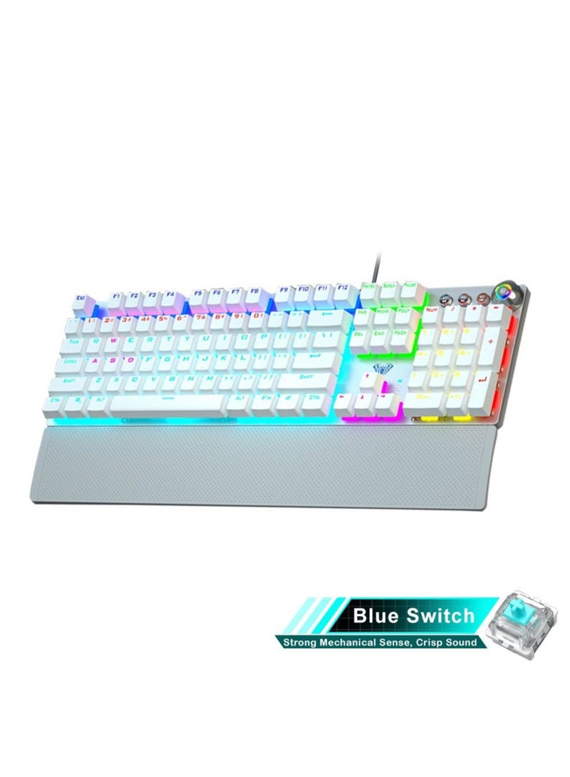 Mechanical Gaming Keyboard NKRO with Wrist Rest RGB Backlit Volume/Lighting Control Knob Fully Programmable 108-Keys Anti-Ghosting Wired Computer Keyboards for Office/Games, Blue Switch