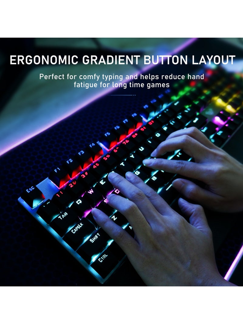 Mechanical Gaming Keyboard NKRO with Wrist Rest RGB Backlit Volume/Lighting Control Knob Fully Programmable 108-Keys Anti-Ghosting Wired Computer Keyboards for Office/Games, Blue Switch