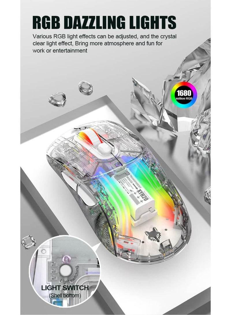 Bluetooth Wireless Mouse Transparent RGB Mechanical Dual Mode Rechargeable USB Computer Gaming Mouse