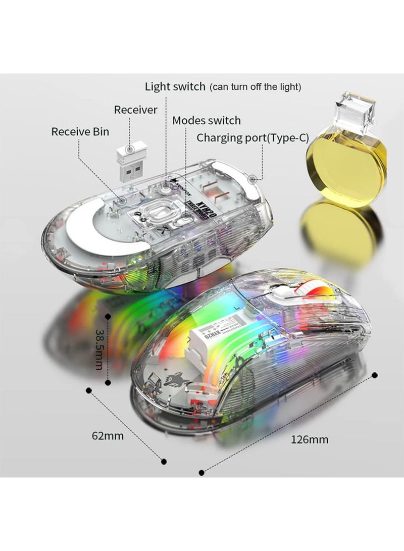 Bluetooth Wireless Mouse Transparent RGB Mechanical Dual Mode Rechargeable USB Computer Gaming Mouse