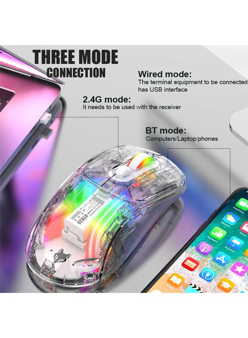 Bluetooth Wireless Mouse Transparent RGB Mechanical Dual Mode Rechargeable USB Computer Gaming Mouse