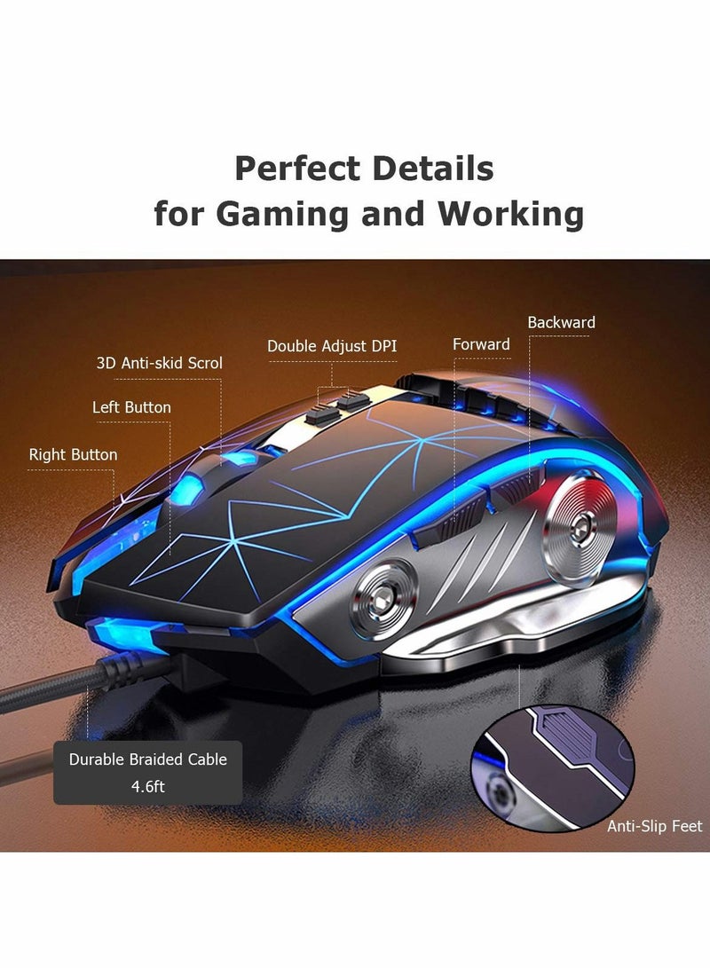 Gaming Mouse USB Wired RGB Backlit Silent Click Gamer with 4 Adjustable DPI Up to 3200, Comfortable Grip Ergonomic Optical Mice for Laptop PC Computer