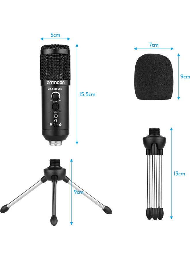 USB Condenser Microphone with Mini Desktop Metal Tripod Stand & Windscreen Black