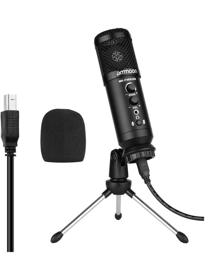 USB Condenser Microphone with Mini Desktop Metal Tripod Stand & Windscreen Black