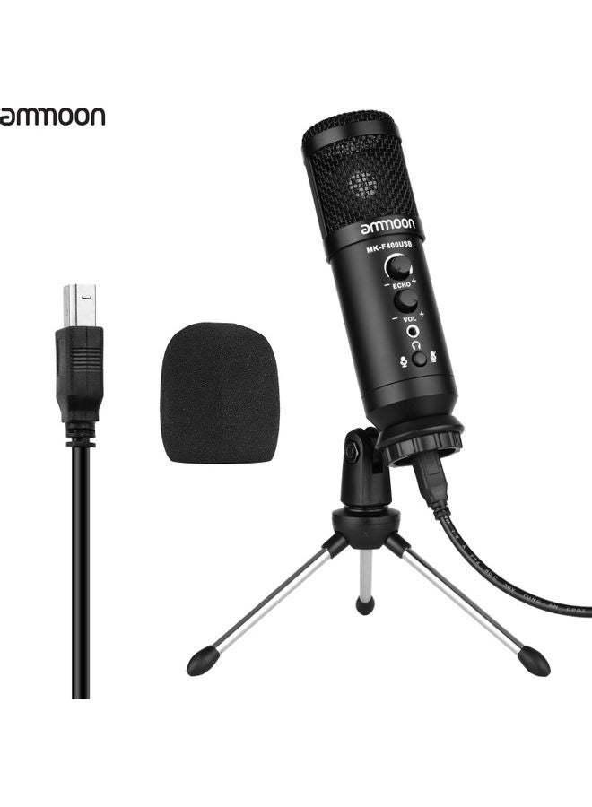 USB Condenser Microphone with Mini Desktop Metal Tripod Stand & Windscreen Black