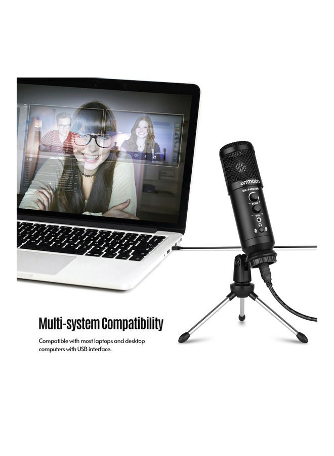 USB Condenser Microphone with Mini Desktop Metal Tripod Stand & Windscreen Black