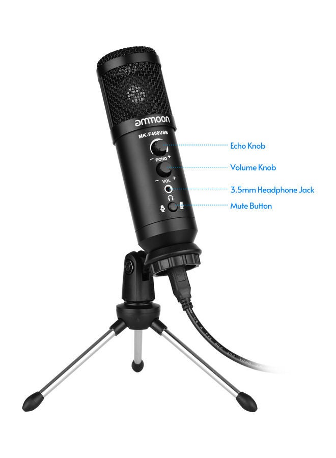 USB Condenser Microphone with Mini Desktop Metal Tripod Stand & Windscreen Black