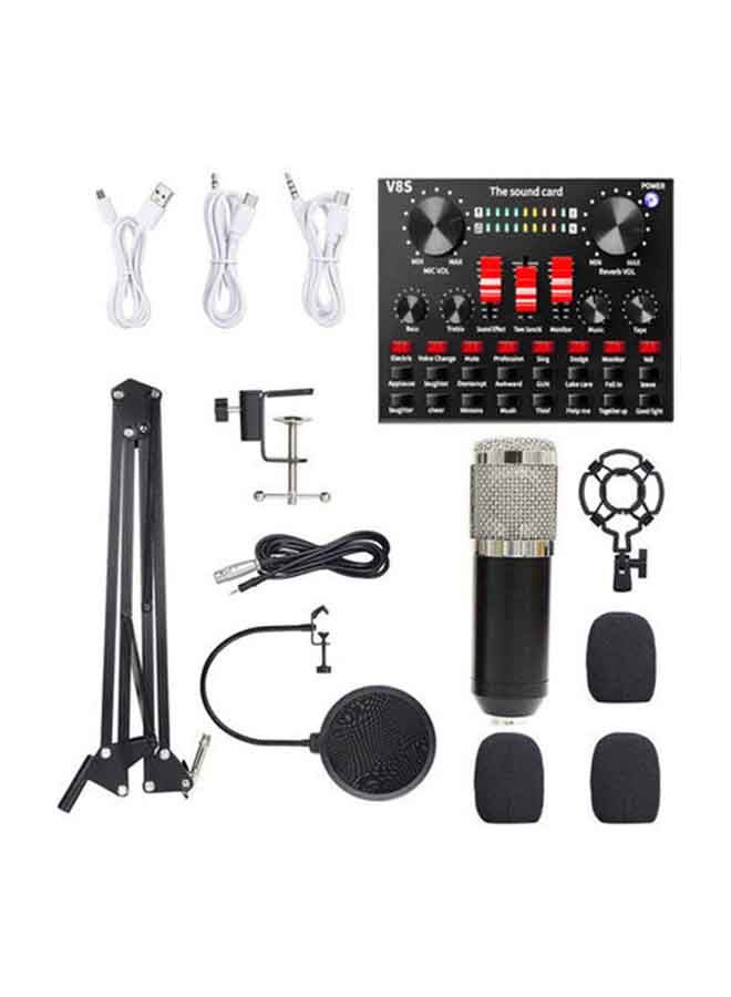 Professional Condenser Microphone With V8S Live Sound Card And Studio Recording Broadcasting Set Black/Silver