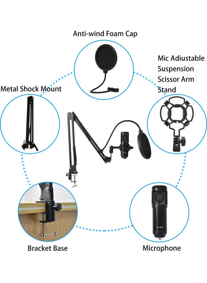 Professional Condenser Microphone With V8S Live Sound Card And Studio Recording Broadcasting Set Black/Silver