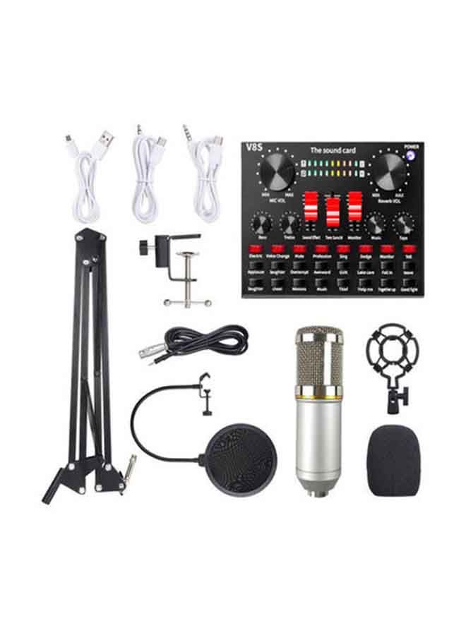 Professional Condenser Microphone With V8S Live Sound Card And Studio Recording Broadcasting Set Black/Silver