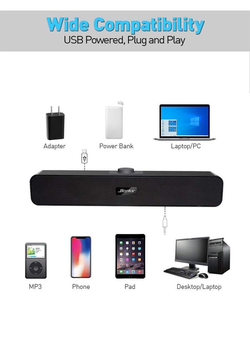 Computer Speakers with 3.5 mm Aux, Small PC Speakers Powered by USB, Wired USB Desktop Speaker, USB Soundbar for Monitor, Mini Stereo Speaker for PC, Tablets, Laptop, Tablets, Xbox, Plug and Play