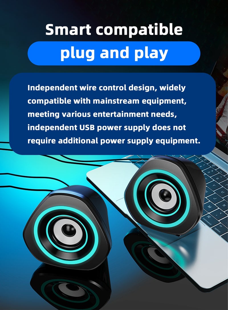 USB Computer Speakers,USB-Powered  PC Gaming Speakers for Desktop Computer Laptop and Mobile Phone USB 3.5mm Aux Input BLUE Lights Black