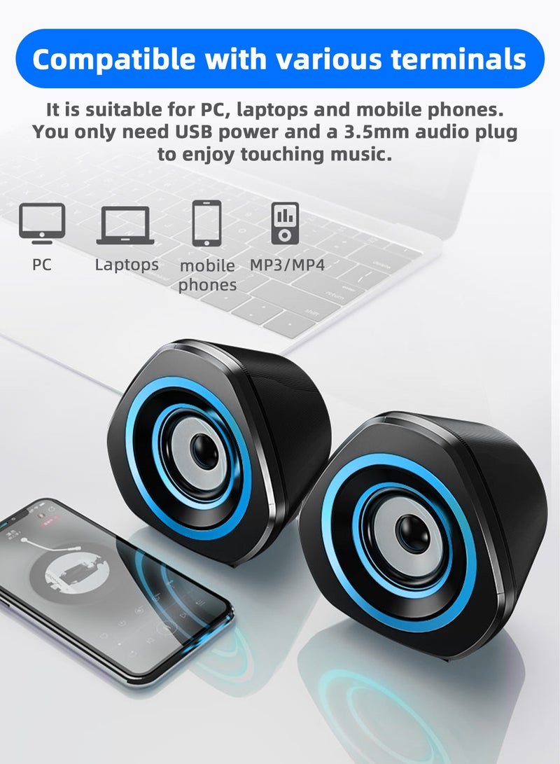 USB Computer Speakers,USB-Powered  PC Gaming Speakers for Desktop Computer Laptop and Mobile Phone USB 3.5mm Aux Input BLUE Lights Black