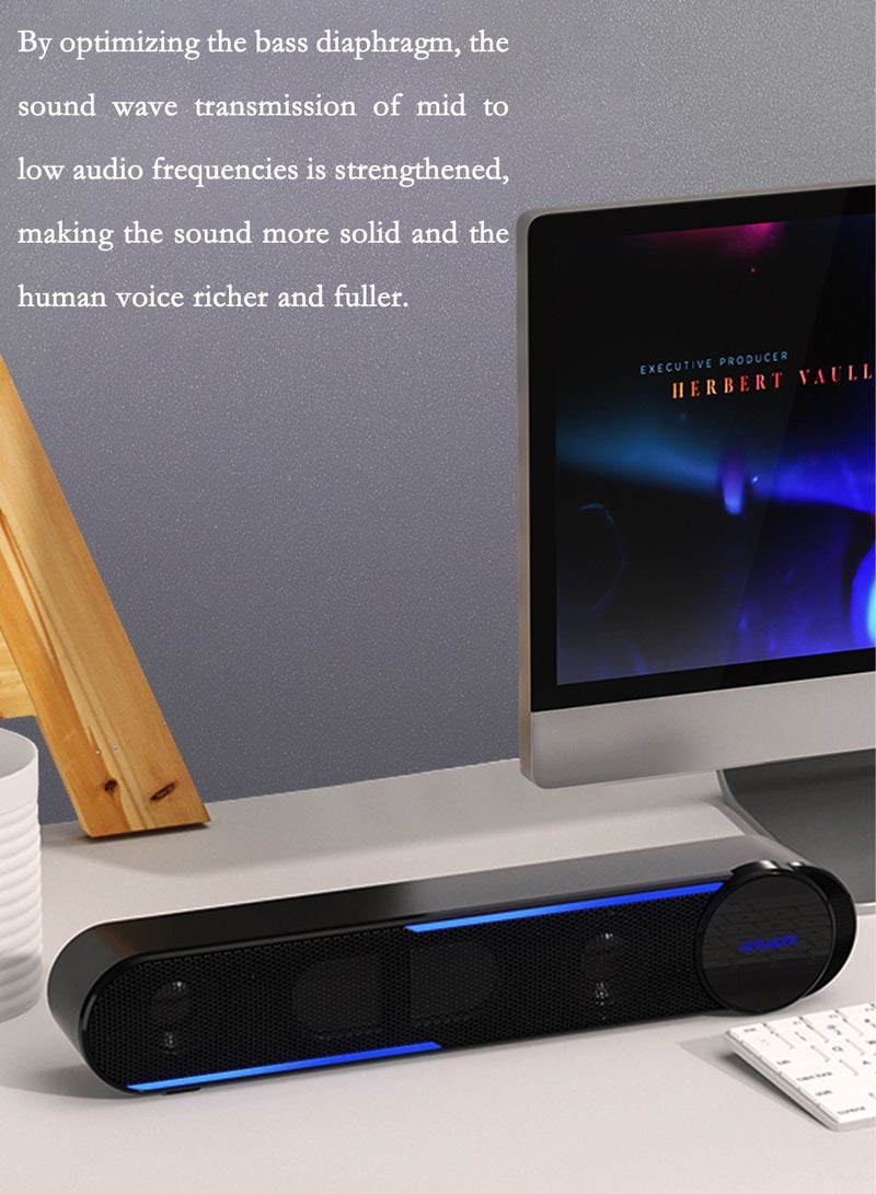 USB Wired Computer Speaker Black HiFi Wired Soundbar Speaker with Touch Control, Surround Sound, USB 2.0 Desktop Soundbar with LED Lights, Multifunctional Design