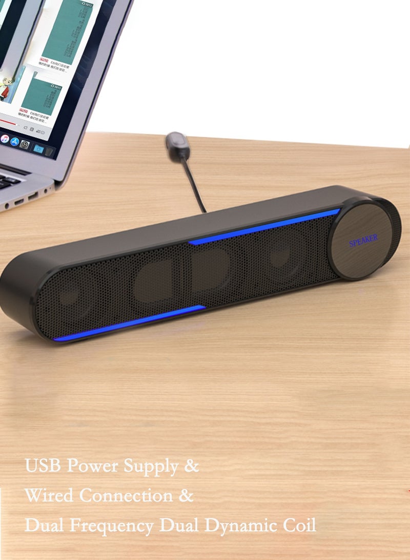 USB Wired Computer Speaker Black HiFi Wired Soundbar Speaker with Touch Control, Surround Sound, USB 2.0 Desktop Soundbar with LED Lights, Multifunctional Design