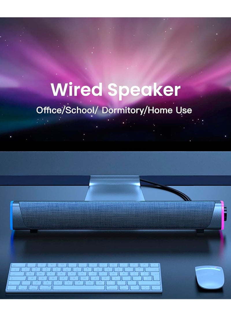 USB Wired Computer Speaker, RGB Computer Sound Bar Desktop Speaker, 3D Stereo Surround Sound Box with Volume Knob 3.5mm Audio Input for Desktop PC Laptop Smartphone Tablet