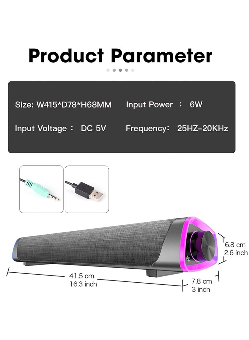 USB Wired Computer Speaker, RGB Computer Sound Bar Desktop Speaker, 3D Stereo Surround Sound Box with Volume Knob 3.5mm Audio Input for Desktop PC Laptop Smartphone Tablet