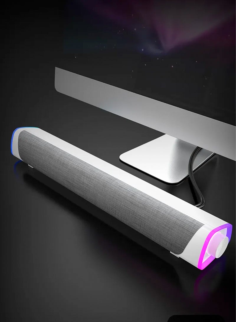 WHITE-USB Wired Computer Speaker, RGB Computer Sound Bar Desktop Speaker, 3D Stereo Surround Sound Box with Volume Knob 3.5mm Audio Input for Desktop PC Laptop Smartphone Tableters