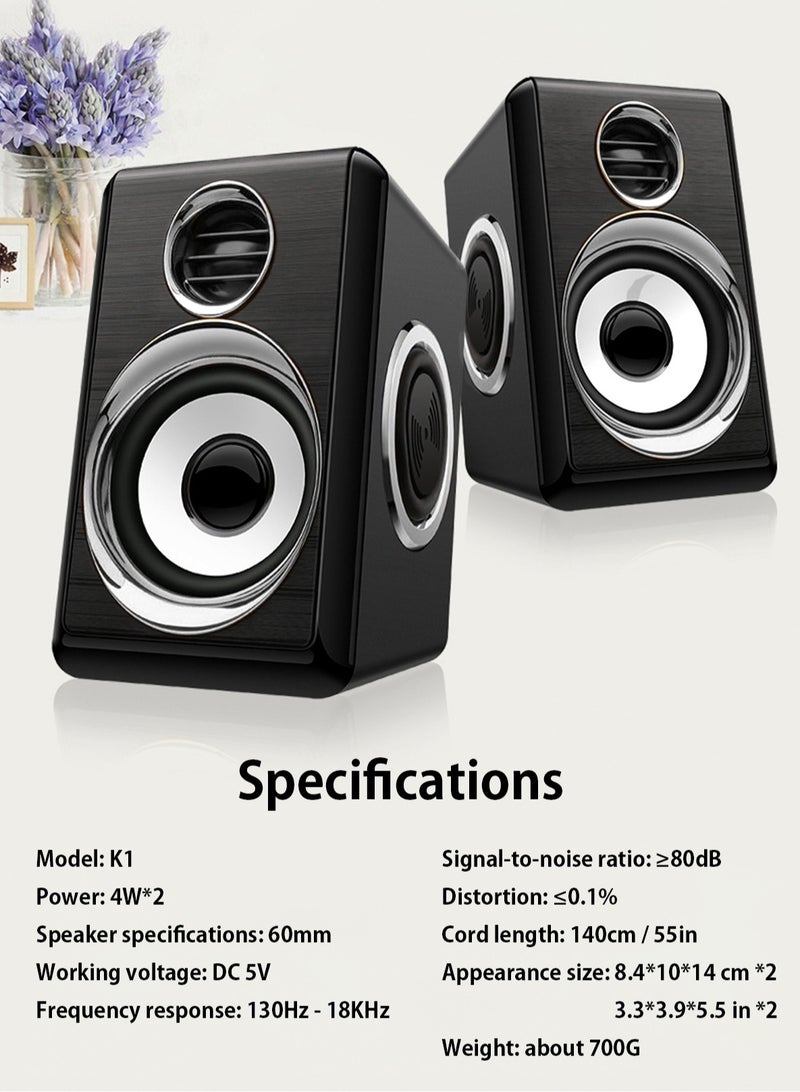 Computer Stereo 1 Pair USB+AUX Wired Computer Speakers Bass Reinforcement 4 Diaphragm for Laptop Desktop 8W High Power Loudspeaker