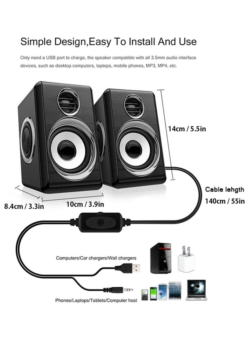 Computer Stereo 1 Pair USB+AUX Wired Computer Speakers Bass Reinforcement 4 Diaphragm for Laptop Desktop 8W High Power Loudspeaker