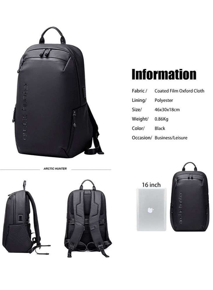 School Laptop Backpack, Casual Waterproof Travel Bag with Luggage Strap for Men, Black