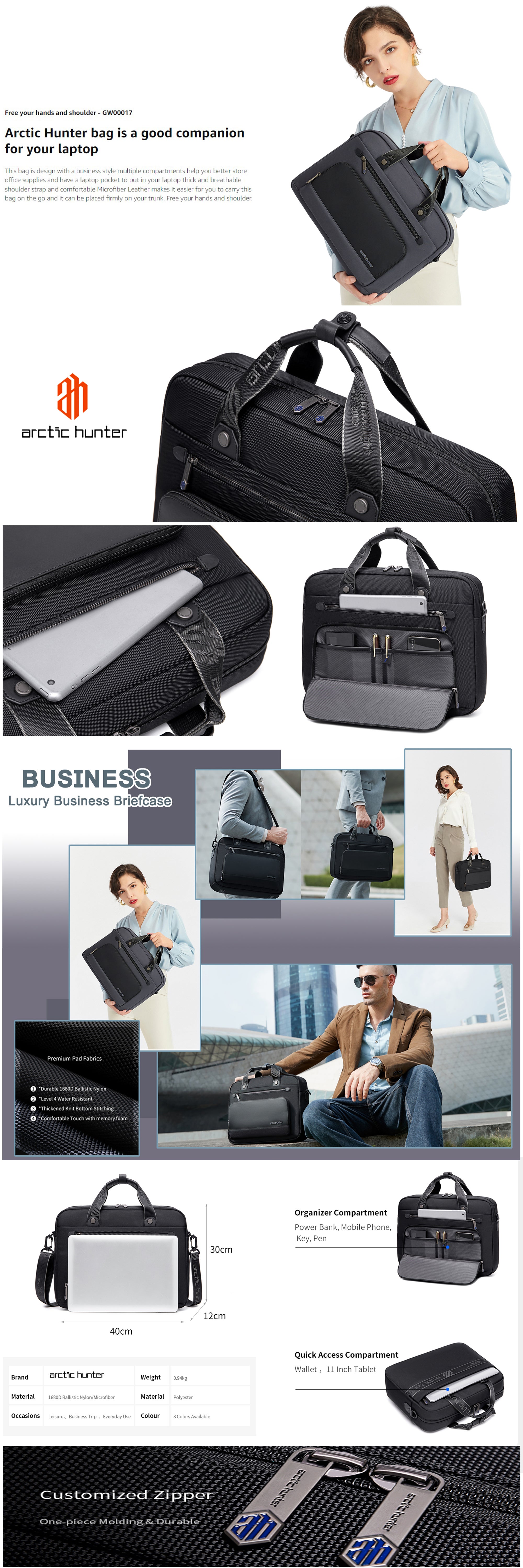 Office Laptop Bag Water Resistant Anti Theft Messenger Bag 15.6 inch with 4 Zipper Pockets and Adjustable Shoulder Strap Sling Bag for Men and Women GW00017 Black