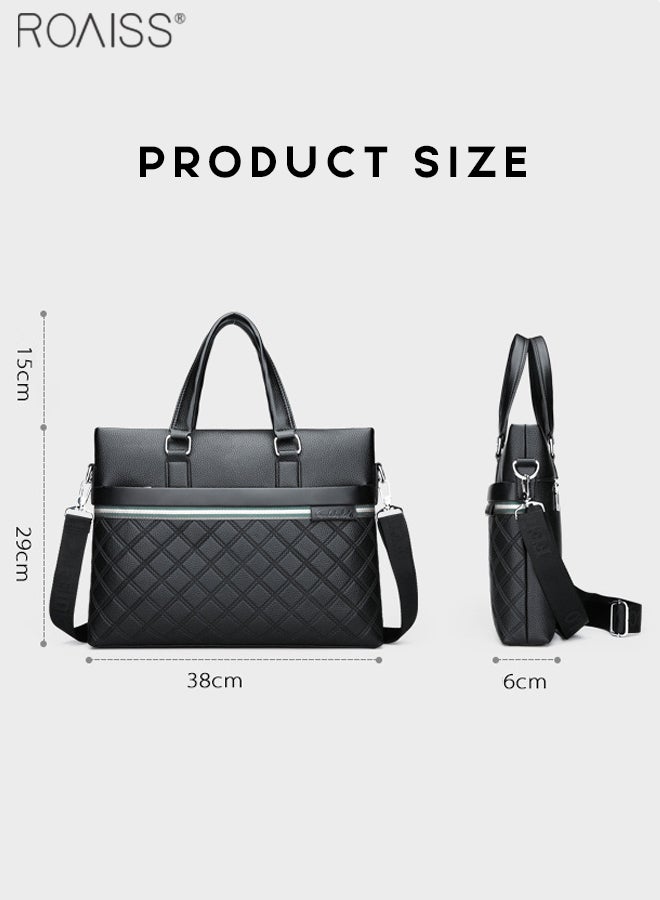 2-Piece Business Pu Leather Briefcase Removable And Adjustable Shoulder Strap Casual Plaid Handbag +Zippered Pu Leather Wallet