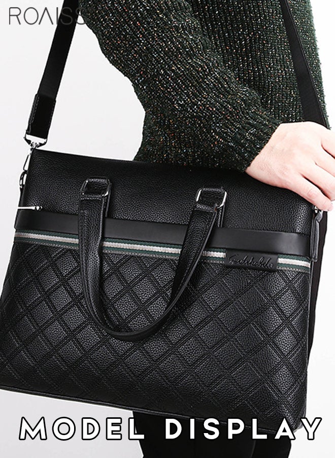 2-Piece Business Pu Leather Briefcase Removable And Adjustable Shoulder Strap Casual Plaid Handbag +Zippered Pu Leather Wallet