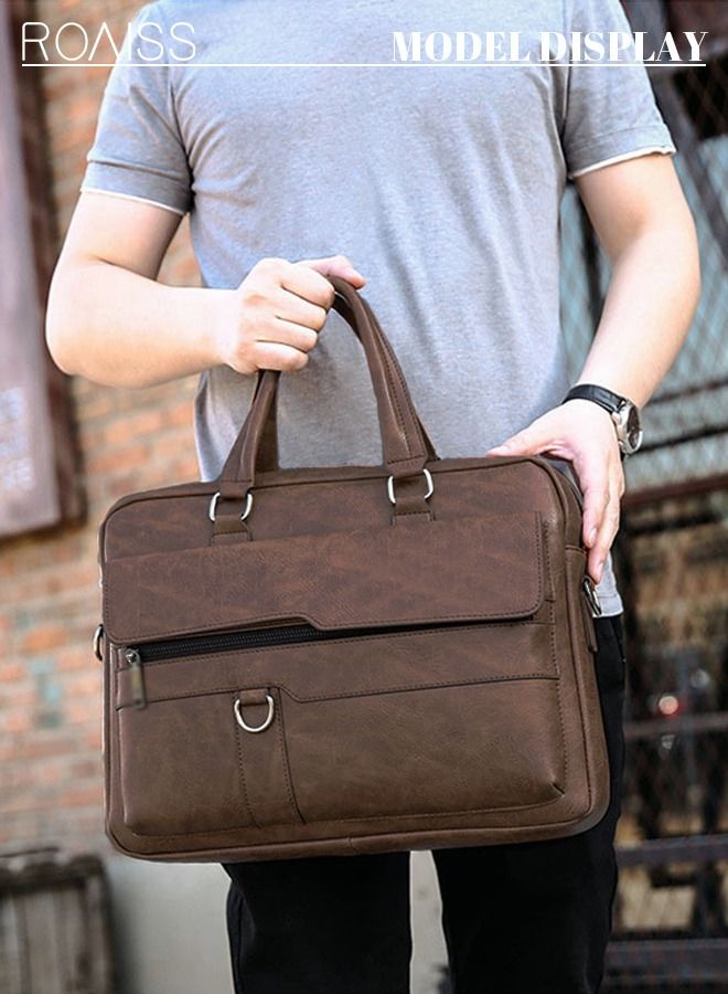 Men's Business Messenger Bag Briefcase PU Leather Retro Chic 14 Inch Laptop Handbag Casual Horizontal Rectangular Crossbody Shoulder Bag for Men Travel Work Office Dark Brown