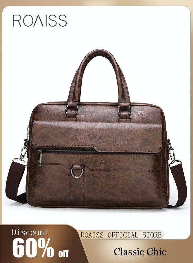 Business Messenger Bag Briefcase PU Leather Retro Chic 14 Inch Laptop Handbag Casual Crossbody/Shoulder Bag for Men Travel Work Office Dark Brown