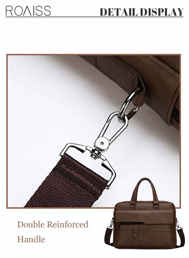 Men's Business Messenger Bag Briefcase PU Leather Retro Chic 14 Inch Laptop Handbag Casual Horizontal Rectangular Crossbody Shoulder Bag for Men Travel Work Office Dark Brown