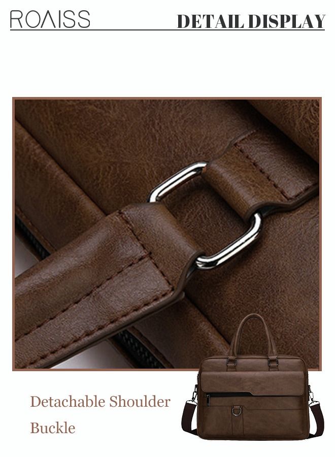 Men's Business Messenger Bag Briefcase PU Leather Retro Chic 14 Inch Laptop Handbag Casual Horizontal Rectangular Crossbody Shoulder Bag for Men Travel Work Office Dark Brown