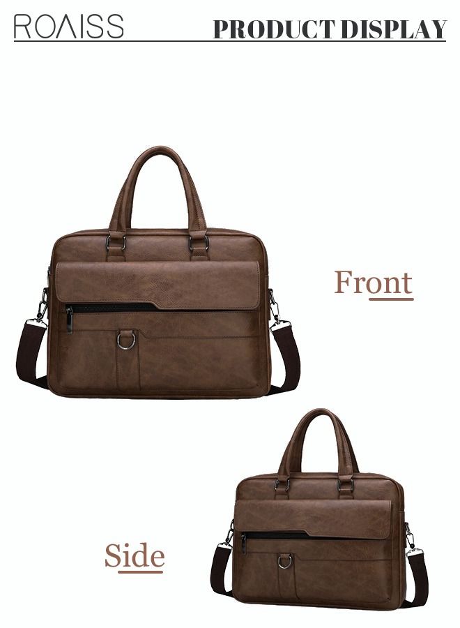 Men's Business Messenger Bag Briefcase PU Leather Retro Chic 14 Inch Laptop Handbag Casual Horizontal Rectangular Crossbody Shoulder Bag for Men Travel Work Office Dark Brown
