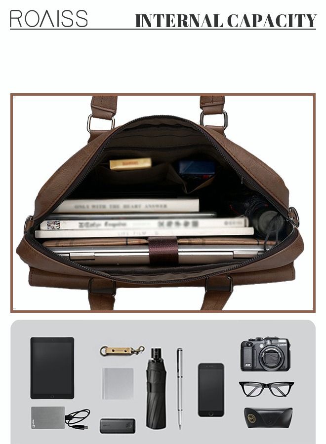 Men's Business Messenger Bag Briefcase PU Leather Retro Chic 14 Inch Laptop Handbag Casual Horizontal Rectangular Crossbody Shoulder Bag for Men Travel Work Office Dark Brown