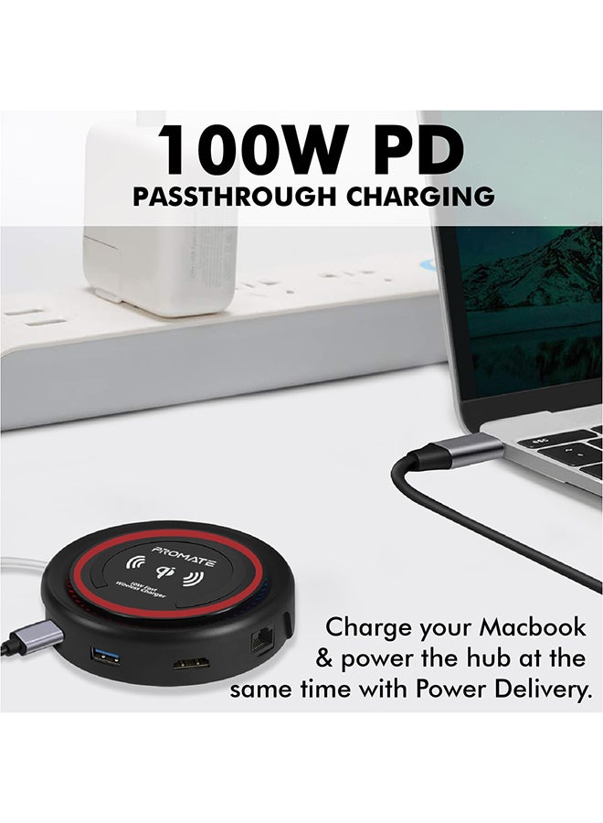 USB C Hub with Qi Wireless Charger, USB Type-C Docking Station with 100W Type-C Power Delivery, HDMI 4K, Dual USB 3.0 Port, 1000Mbps Ethernet Port and Detachable Qi Wireless Charging Pad for Smartphones, Laptop, CenterHub Maroon Maroon