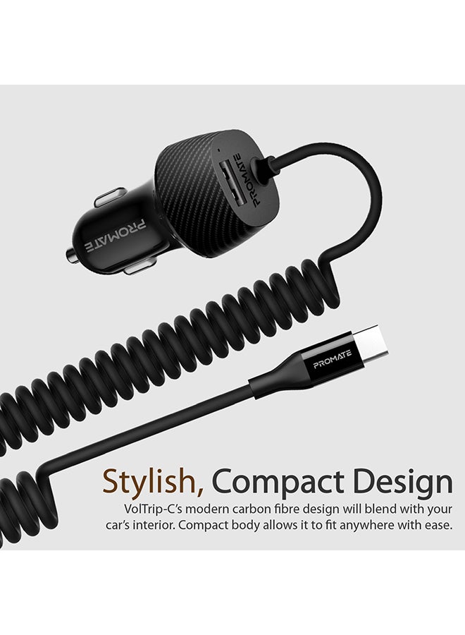 Type-C Car Charger Adapter, Fast Charging 3.4A USB Car Charger with Integrated Built-In Coiled USB-C Tangle-Free Cor and Short Circuit Protection for Smartphones, iPhone, GPS, VolTrip-C Black