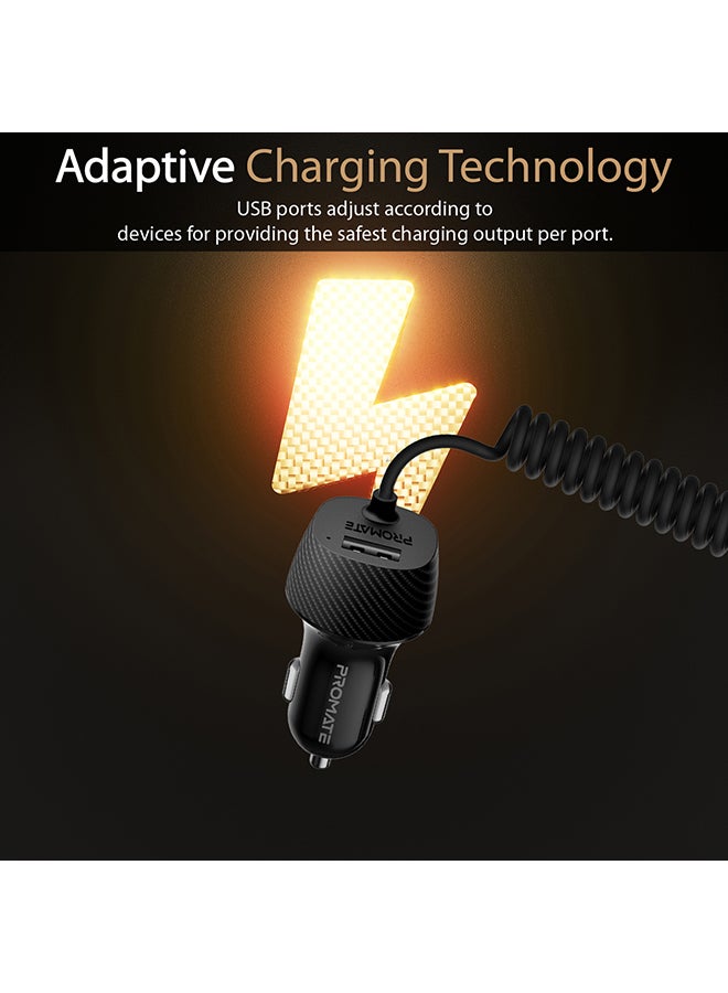 Type-C Car Charger Adapter, Fast Charging 3.4A USB Car Charger with Integrated Built-In Coiled USB-C Tangle-Free Cor and Short Circuit Protection for Smartphones, iPhone, GPS, VolTrip-C Black